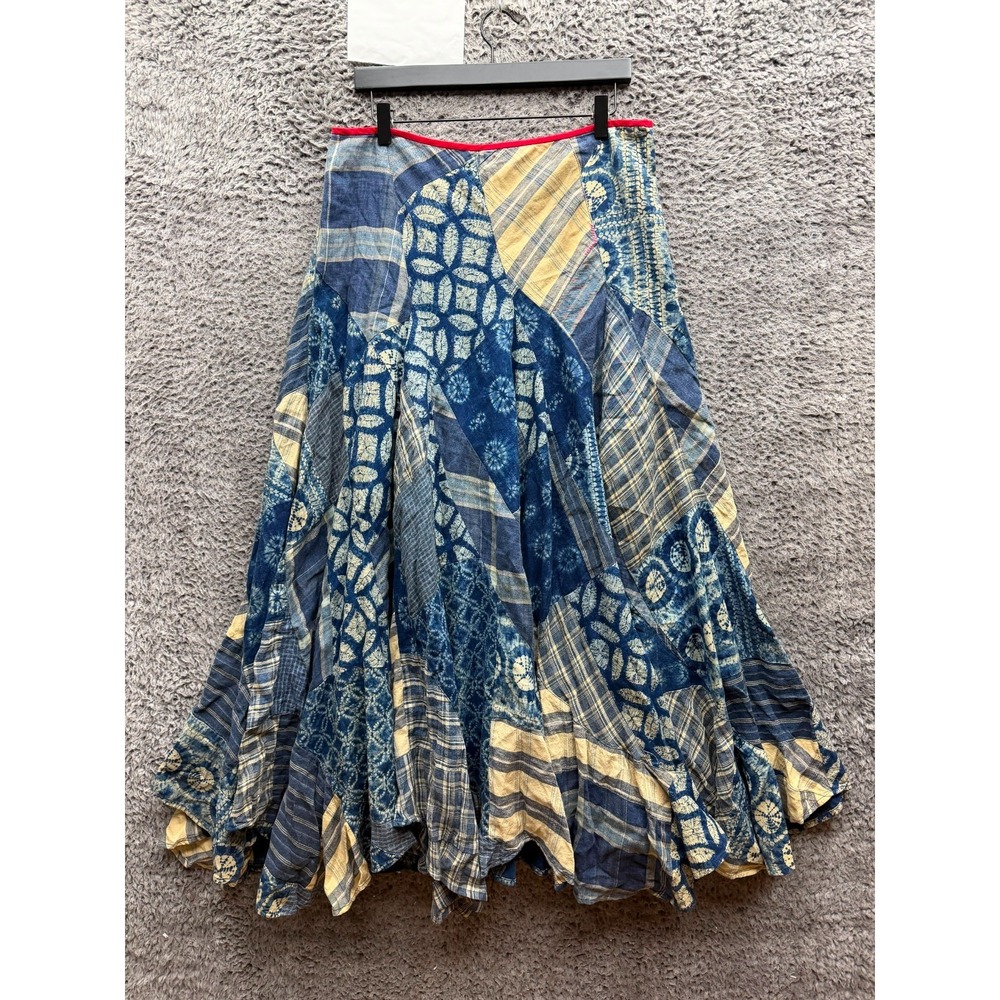 Ralph Lauren Linen-Cotton Patchwork Flared Maxi Skirt Indigo Womens Size 12